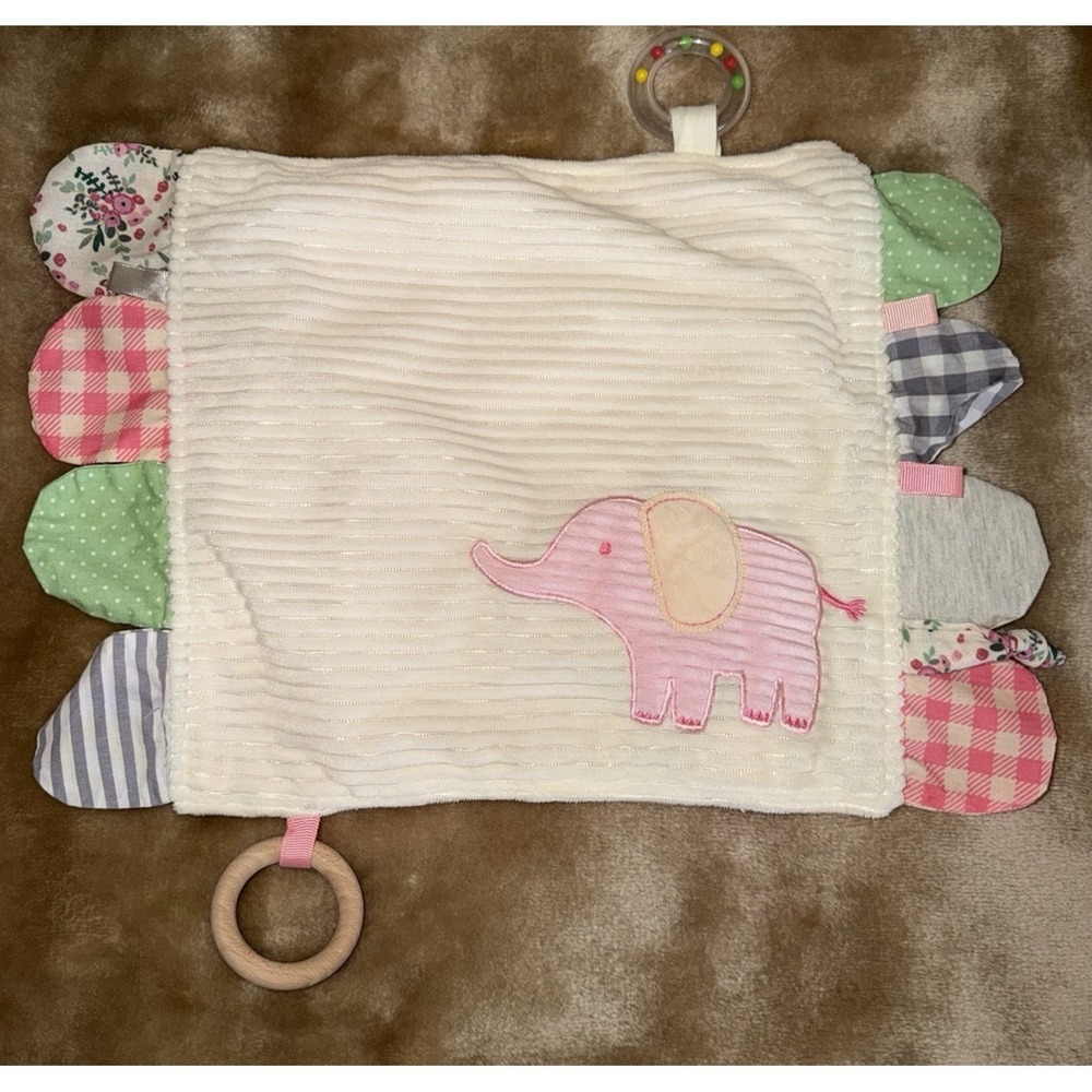 Modern Baby Lovey Security Blanket Elephant Tags Rings Crinkle Cream Pink